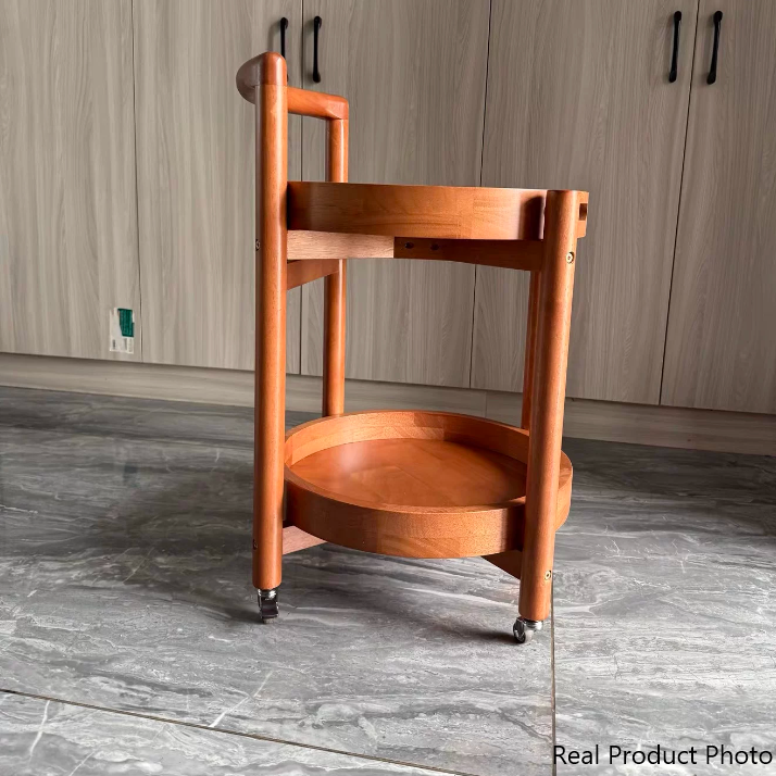 Chariot roulant à 2 niveaux avec plateau rond traditionnel en bois massif pour salon 