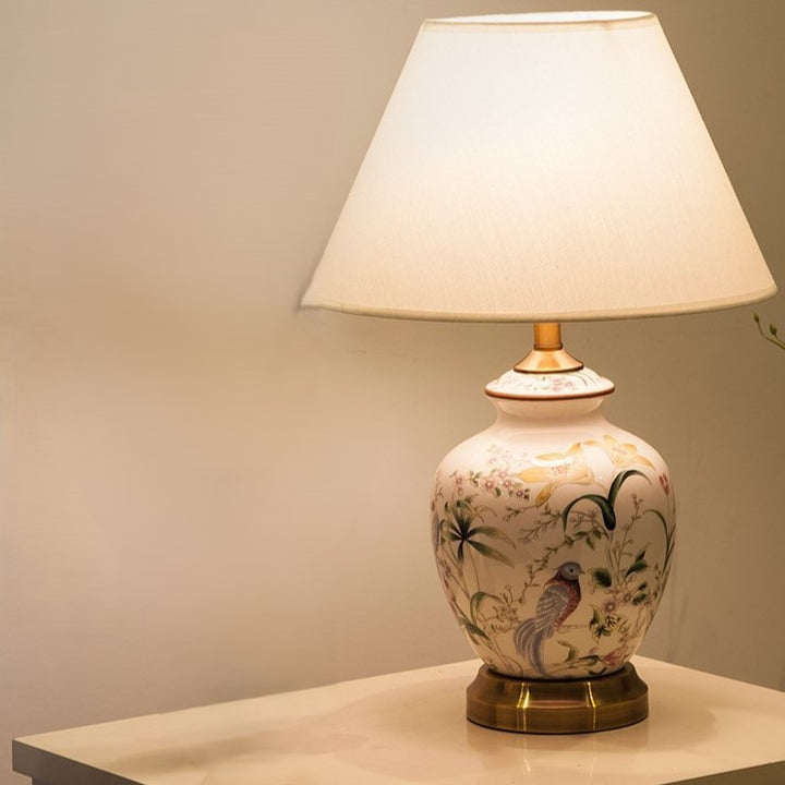Traditional Chinese Oval Round Table Flower Bird Ceramic Iron Fabric 1-Light Table Lamp For Bedroom