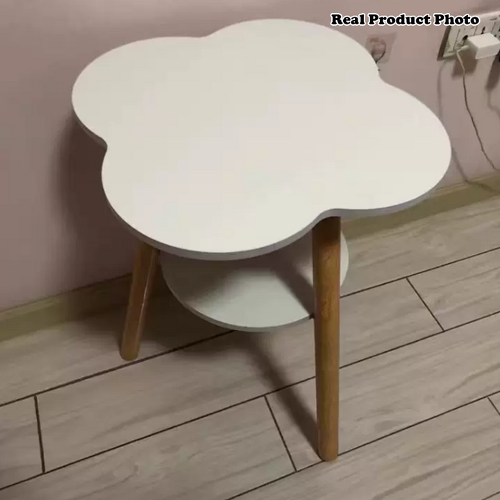 Mesa Auxiliar Redonda de Madera Maciza y Metal con Forma de Flor Contemporánea de 2 Niveles para Sala de Estar 