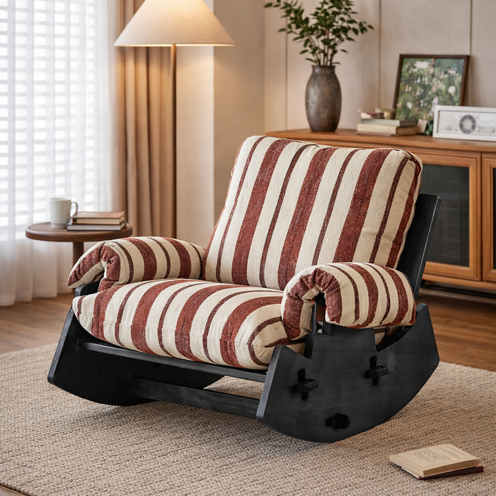 Moderner Retro-Schaukelstuhl aus Massivholz mit Leinen- &amp; Samtbezug, abnehmbarem und waschbarem Design sowie gepolstertem Sitz, Rückenlehne und Armlehnen für das Wohnzimmer 