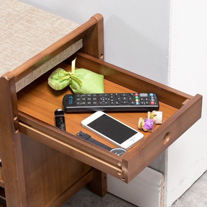 Traditional Vintage Bamboo Fabric Rectangular Entryway Shoe Bench 3-Tier Storage With Drawer For Entryway