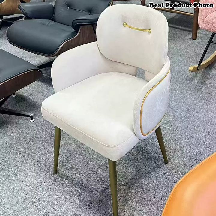 Moderner halbkreisförmiger Esszimmerstuhl im Mid-Century-Stil mit Kissen, Samt, Schwamm und Edelstahl, mit Rückenlehne und Armlehnen, für das Esszimmer 