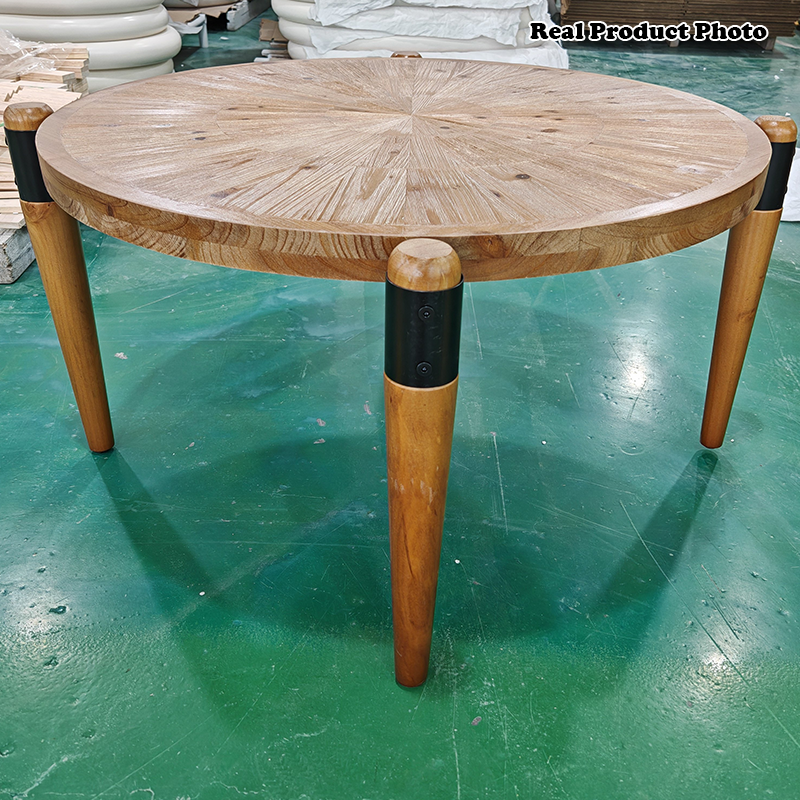 Table basse rustique traditionnelle ronde en bois de sapin et fer, 1 niveau, pour salon 