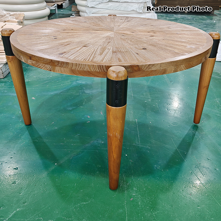 Table basse rustique traditionnelle ronde en bois de sapin et fer, 1 niveau, pour salon 