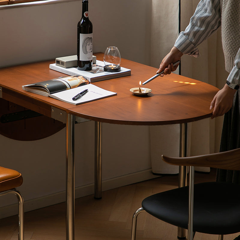 Table à manger moderne minimaliste pliable ovale en bois avec plateau en mélamine pour 4 places en acier inoxydable 