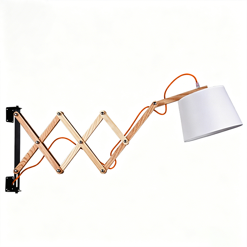 Traditional Vintage Linen Cone Ash Wood Iron Retractable Rotating 1-Light Wall Sconce Lamp for Living Room