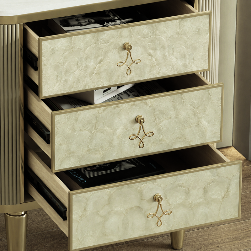 Modern Luxury Rectangular Sintered Stone Eco-board Birch Leg Nightstand 3-Drawer For Bedroom