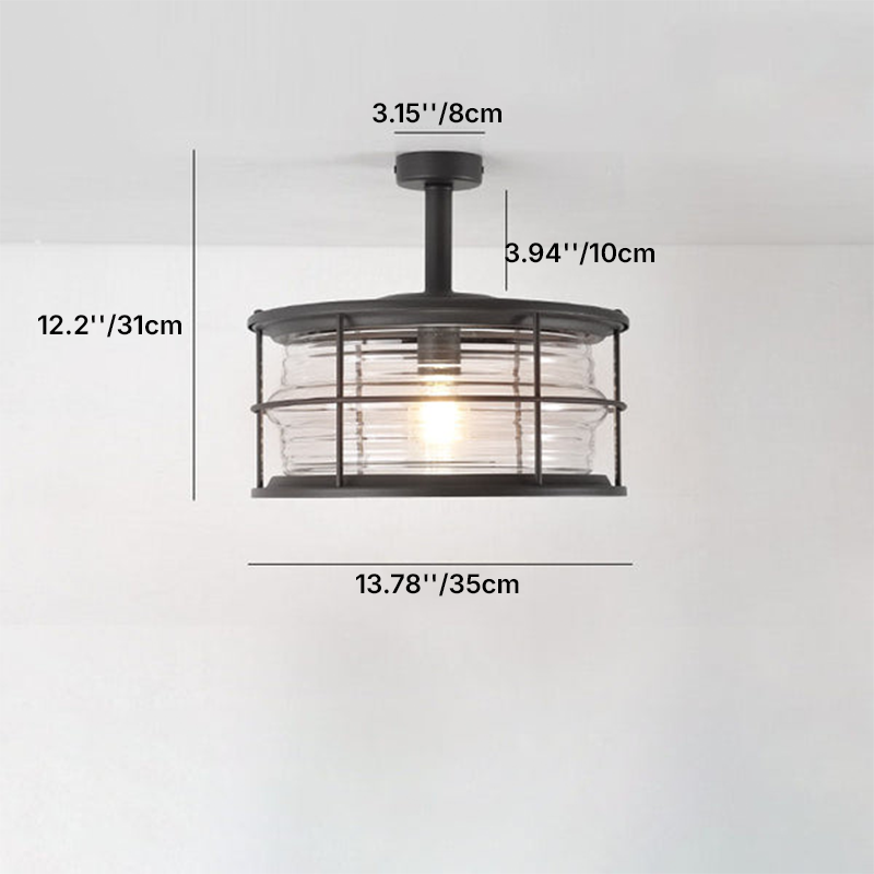 Moderne halbbündige 1-flammige Outdoor-Deckenleuchte im Industrial-Stil aus Glas und Eisen in Trommelform für Terrasse und Patio im Außenbereich 