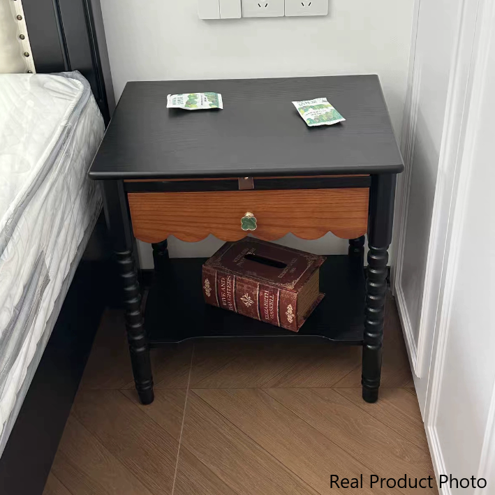 Chevet Vintage Traditionnel en Bois Massif Ondulé Carré Cylindre à 2 Niveaux pour Chambre 