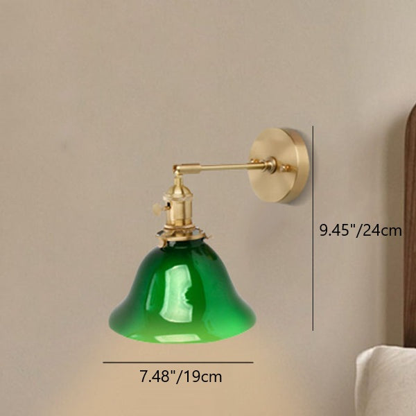 Traditionelle Vintage-Wandleuchte aus Glas, Eisen und Kupfer in Grün mit konischem Schirm, 1-flammig, für das Wohnzimmer 
