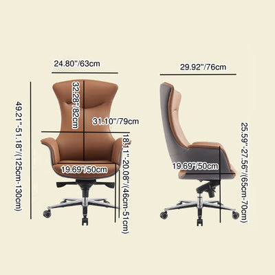 Silla de escritorio ergonómica con respaldo de concha de metal y cuero minimalista moderno con reposabrazos y reclinable para oficina en casa o estudio 