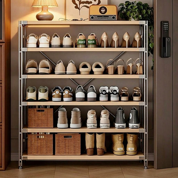 Modern Minimalist Heavy Duty Shoe Storage Rack - Multi-Tier Thickened Particle Board Shelves MDF Side Pegboard Shoe Storage For Hallway &amp; Entryway