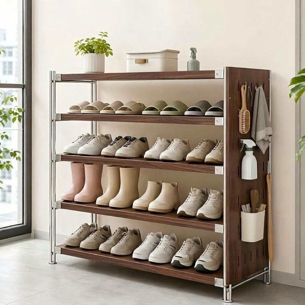 Modern Minimalist Heavy Duty Shoe Storage Rack - Multi-Tier Thickened Particle Board Shelves MDF Side Pegboard Shoe Storage For Hallway &amp; Entryway