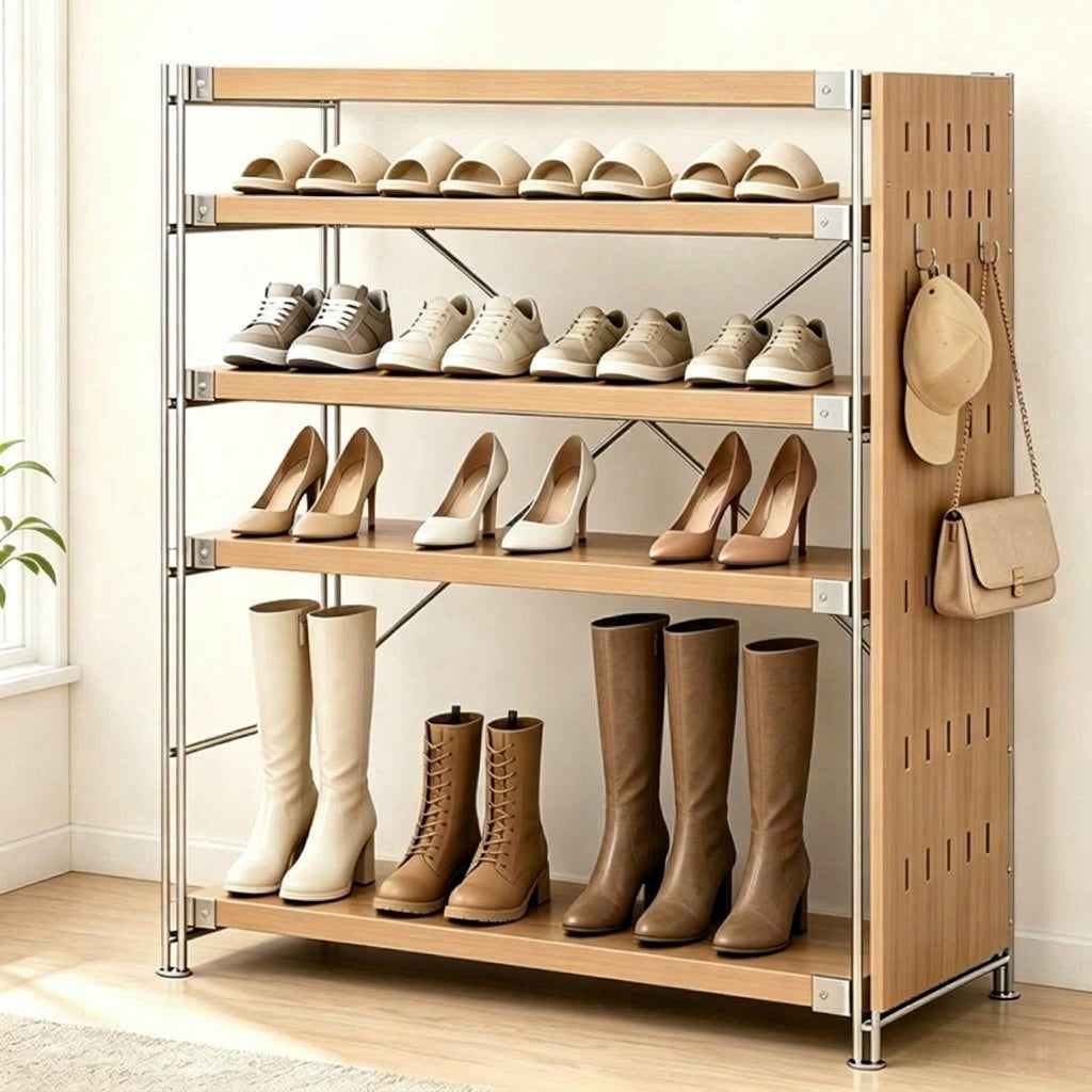 Modern Minimalist Heavy Duty Shoe Storage Rack - Multi-Tier Thickened Particle Board Shelves MDF Side Pegboard Shoe Storage For Hallway &amp; Entryway