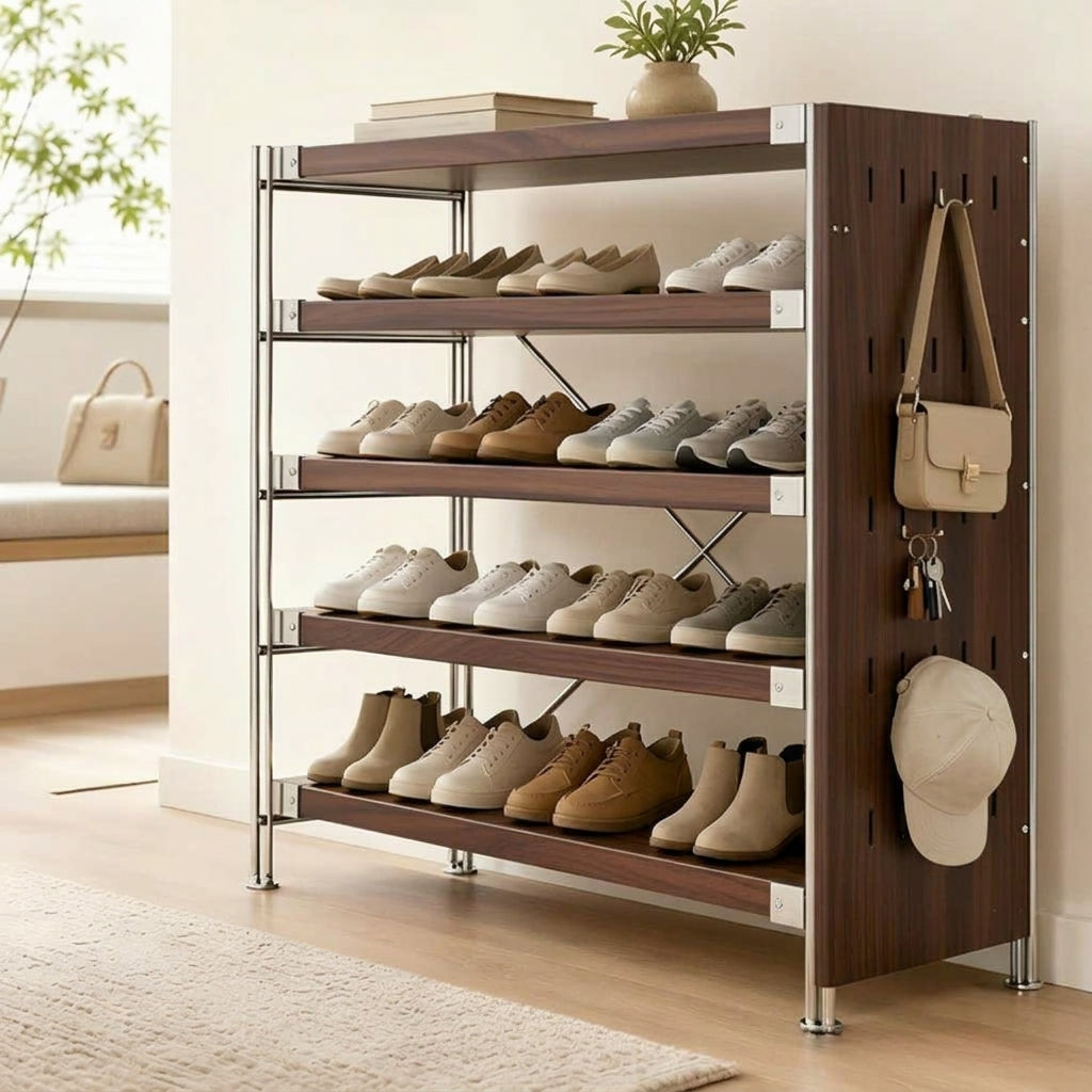 Modern Minimalist Heavy Duty Shoe Storage Rack - Multi-Tier Thickened Particle Board Shelves MDF Side Pegboard Shoe Storage For Hallway &amp; Entryway