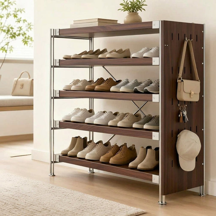 Modern Minimalist Heavy Duty Shoe Storage Rack - Multi-Tier Thickened Particle Board Shelves MDF Side Pegboard Shoe Storage For Hallway & Entryway