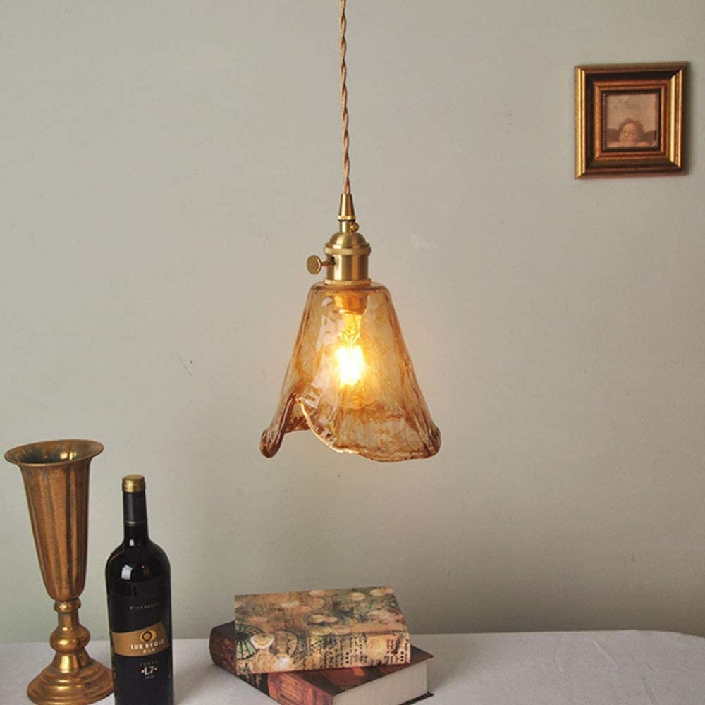 Contemporary Retro Brass Geometric Square Amber Glass Shade 1-Light Pendant Light For Living Room