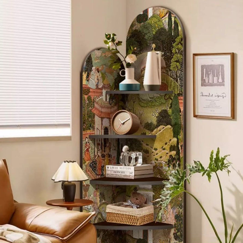 Traditional Chinese Rounded Corner Design Adhesive Paper MDF Corner Shelf Unit 4-Tier For Living Room