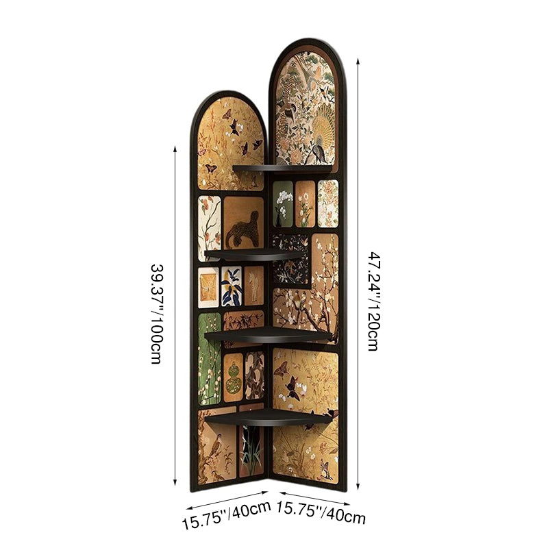 Traditional Chinese Rounded Corner Design Adhesive Paper MDF Corner Shelf Unit 4-Tier For Living Room
