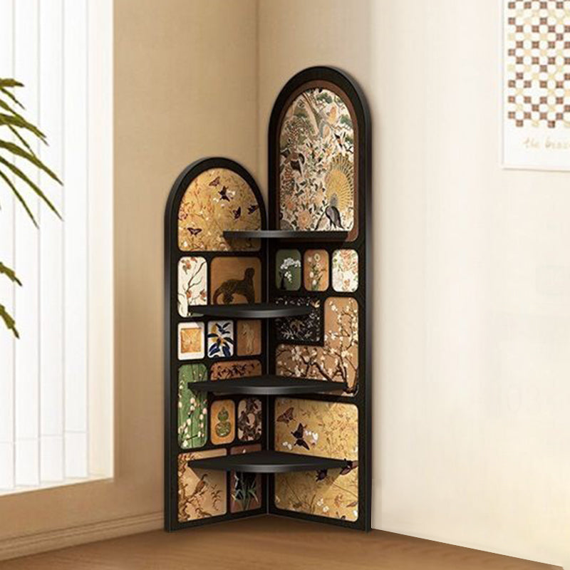 Traditional Chinese Rounded Corner Design Adhesive Paper MDF Corner Shelf Unit 4-Tier For Living Room