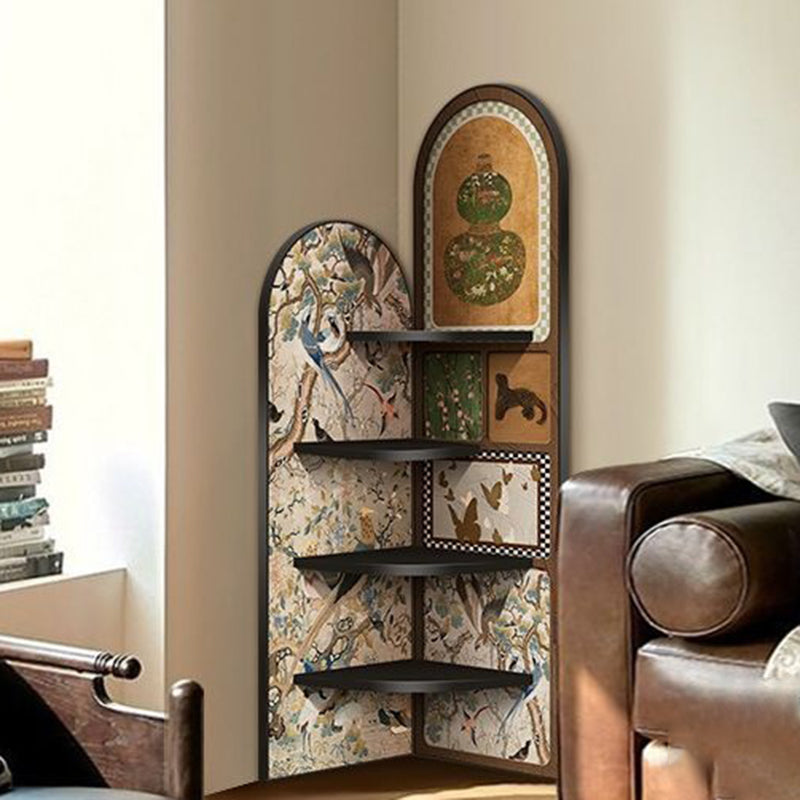 Traditional Chinese Rounded Corner Design Adhesive Paper MDF Corner Shelf Unit 4-Tier For Living Room