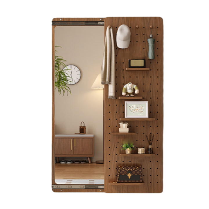 Modern Minimalist Solid Wood Metal Glass Rounded Rectangle Wall Mirror With Sliding Pegboard Storage &amp; Hooks For Entryway