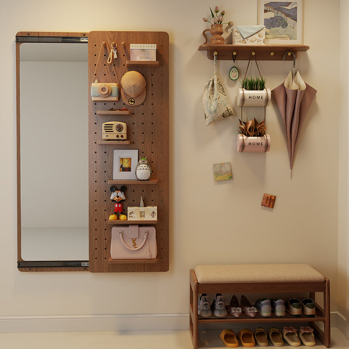 Modern Minimalist Solid Wood Metal Glass Rounded Rectangle Wall Mirror With Sliding Pegboard Storage & Hooks For Entryway