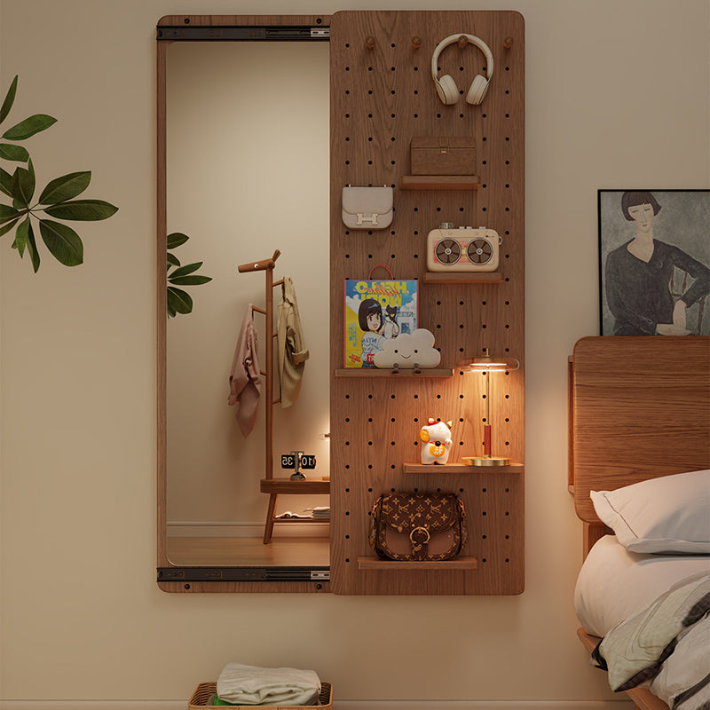 Modern Minimalist Solid Wood Metal Glass Rounded Rectangle Wall Mirror With Sliding Pegboard Storage &amp; Hooks For Entryway