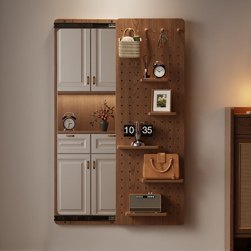 Modern Minimalist Solid Wood Metal Glass Rounded Rectangle Wall Mirror With Sliding Pegboard Storage &amp; Hooks For Entryway