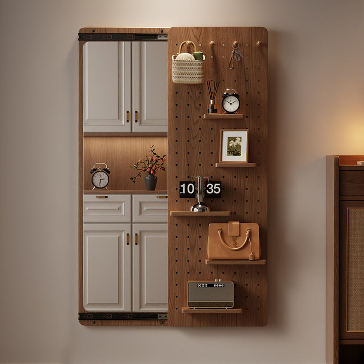 Modern Minimalist Solid Wood Metal Glass Rounded Rectangle Wall Mirror With Sliding Pegboard Storage &amp; Hooks For Entryway