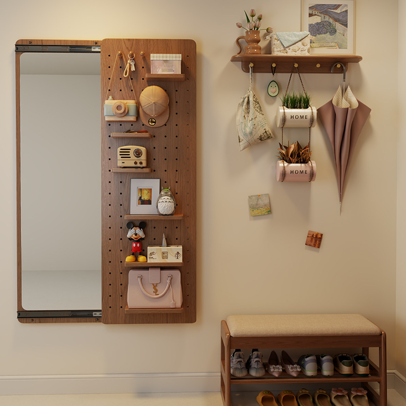 Modern Minimalist Solid Wood Metal Glass Rounded Rectangle Wall Mirror With Sliding Pegboard Storage &amp; Hooks For Entryway