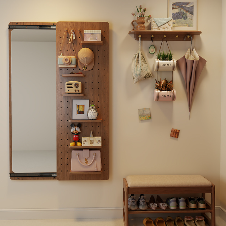 Modern Minimalist Solid Wood Metal Glass Rounded Rectangle Wall Mirror With Sliding Pegboard Storage &amp; Hooks For Entryway