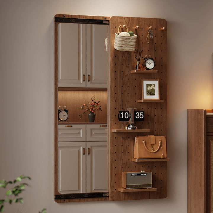 Modern Minimalist Solid Wood Metal Glass Rounded Rectangle Wall Mirror With Sliding Pegboard Storage &amp; Hooks For Entryway