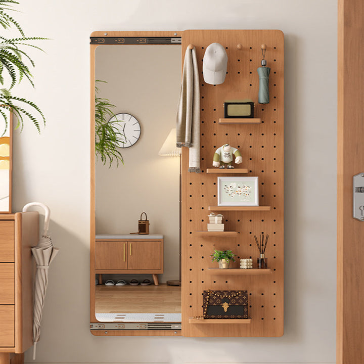 Modern Minimalist Solid Wood Metal Glass Rounded Rectangle Wall Mirror With Sliding Pegboard Storage & Hooks For Entryway