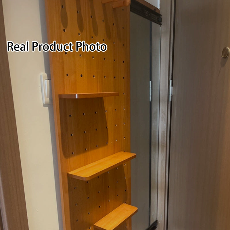 Modern Minimalist Solid Wood Metal Glass Rounded Rectangle Wall Mirror With Sliding Pegboard Storage &amp; Hooks For Entryway