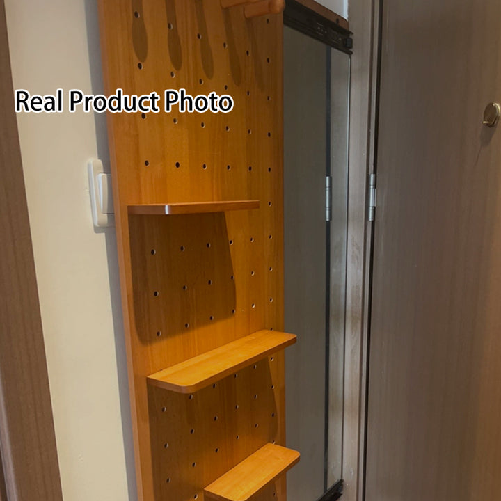 Modern Minimalist Solid Wood Metal Glass Rounded Rectangle Wall Mirror With Sliding Pegboard Storage &amp; Hooks For Entryway