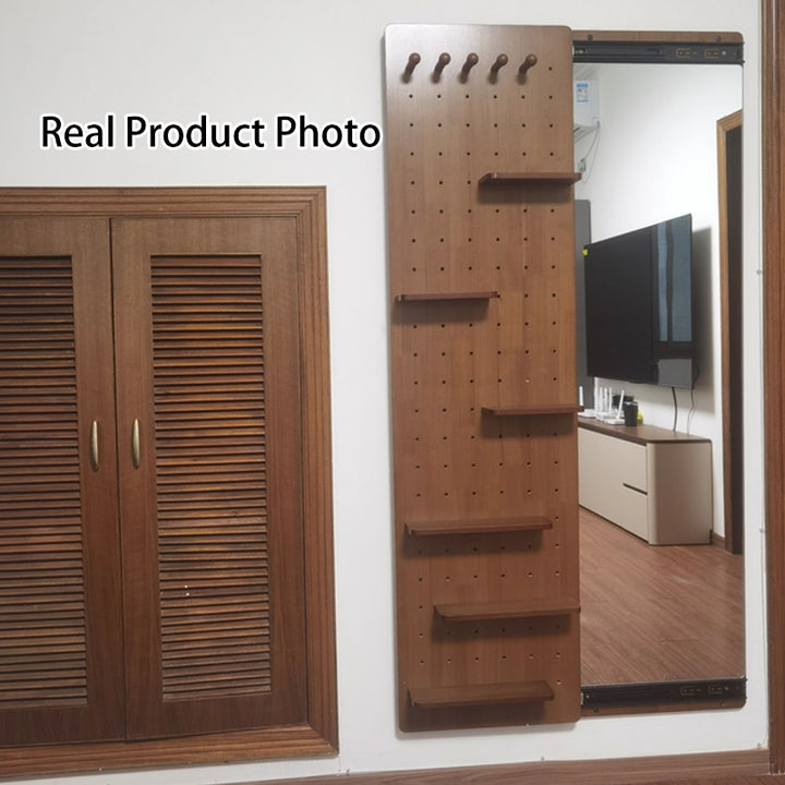 Modern Minimalist Solid Wood Metal Glass Rounded Rectangle Wall Mirror With Sliding Pegboard Storage &amp; Hooks For Entryway