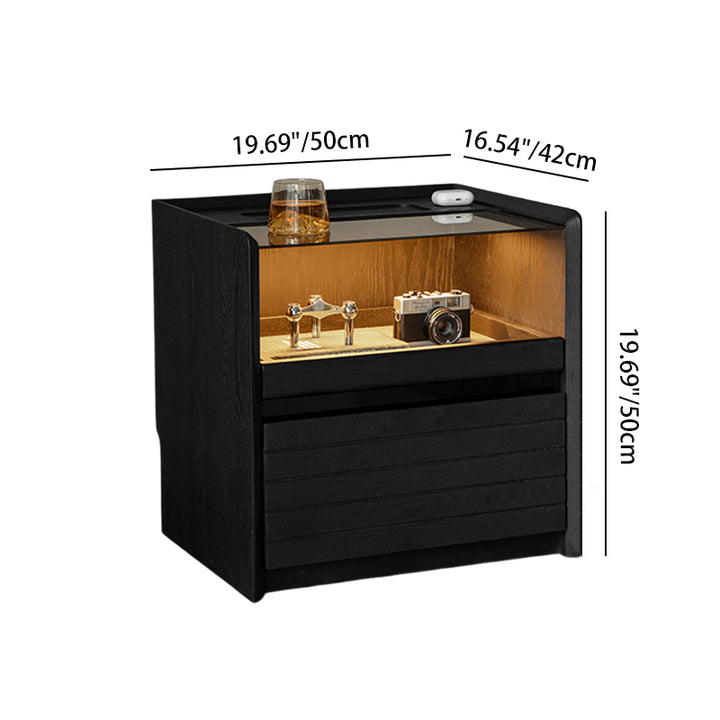Modern Luxury Solid Plywood Nightstand With Glass Top - End Table With Wireless Charging & LED Sensor Light For Bedroom Storage