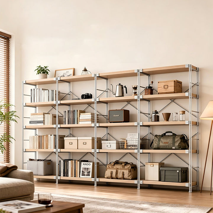 Modern Multi-Tier Storage Shelving Unit With Particleboard Shelves &amp; Carbon Steel Frame - Open Storage Shelf For Living Room, Bedroom &amp; Home Office