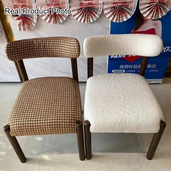 Silla de comedor vintage tradicional rectangular de madera maciza con tela sherpa y algodón-lino, con respaldo y sin reposabrazos, para comedor y cocina 
