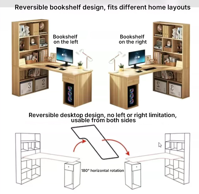Modern Minimalist Rectangular L-Shaped Medium Density Fiberboard Desk With Bookshelf 5-Tier 1 Drawer For Home Office