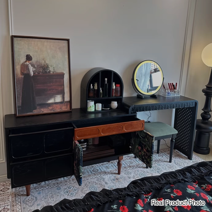 Taburete tocador de estilo francés tradicional - Taburete para tocador con tapizado de pana y estructura de madera maciza de fresno para dormitorio 