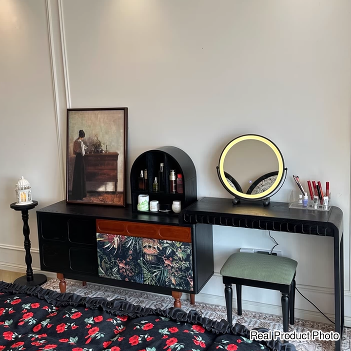 Taburete tocador de estilo francés tradicional - Taburete para tocador con tapizado de pana y estructura de madera maciza de fresno para dormitorio 