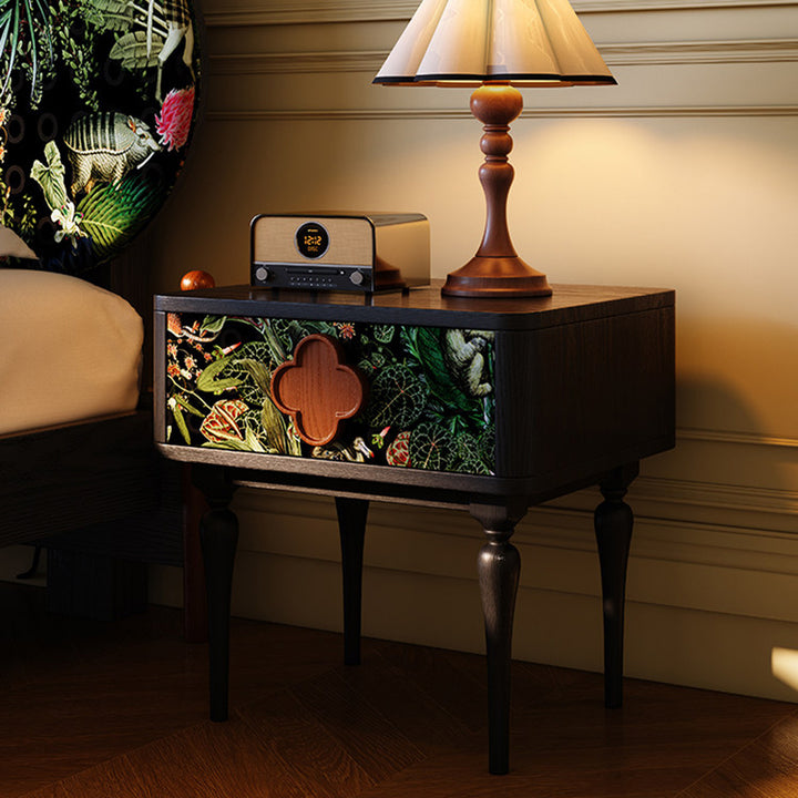 French Norwegian Forest Print Bedside Cabinet - Solid Ash Wood & Botanical Velvet Nightstand 1-Drawer For Bedroom