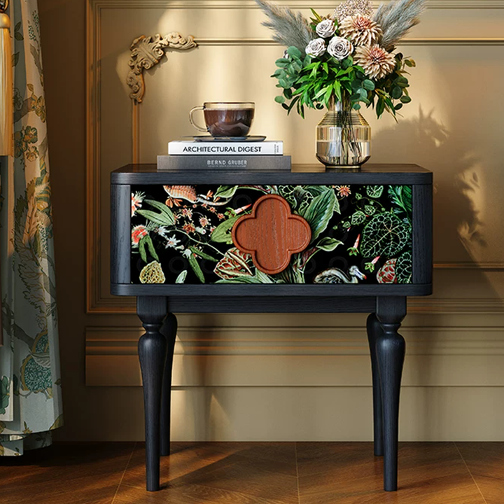 French Norwegian Forest Print Bedside Cabinet - Solid Ash Wood & Botanical Velvet Nightstand 1-Drawer For Bedroom