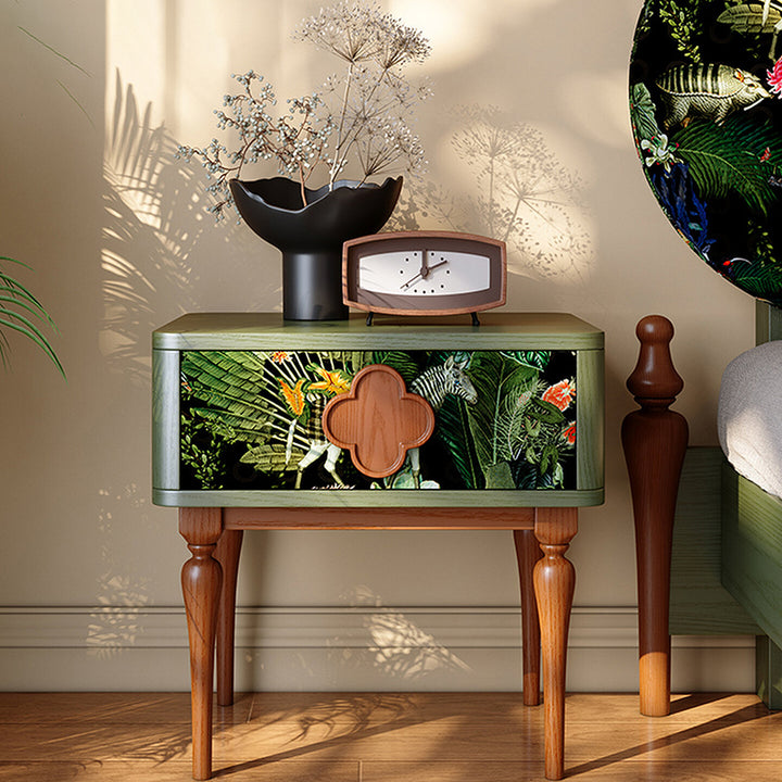 French Norwegian Forest Print Bedside Cabinet - Solid Ash Wood & Botanical Velvet Nightstand 1-Drawer For Bedroom