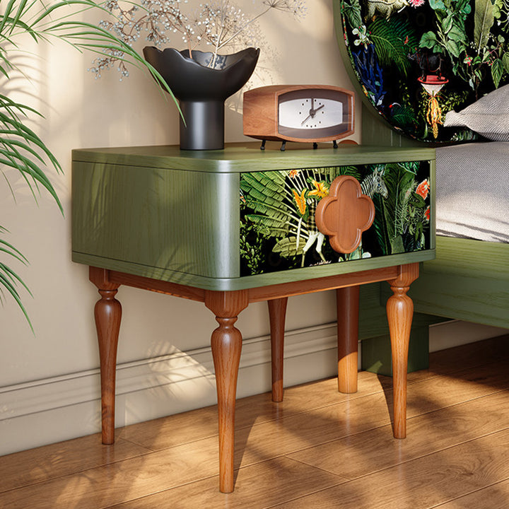 French Norwegian Forest Print Bedside Cabinet - Solid Ash Wood & Botanical Velvet Nightstand 1-Drawer For Bedroom