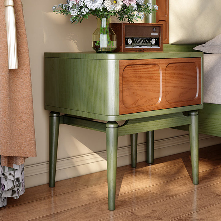 Mesita de noche retro de madera maciza de fresno - mesilla de 1 cajón para dormitorio con tirador oculto y panel empotrado 