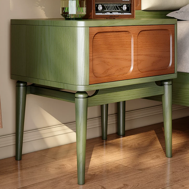 Mesita de noche retro de madera maciza de fresno - mesilla de 1 cajón para dormitorio con tirador oculto y panel empotrado 
