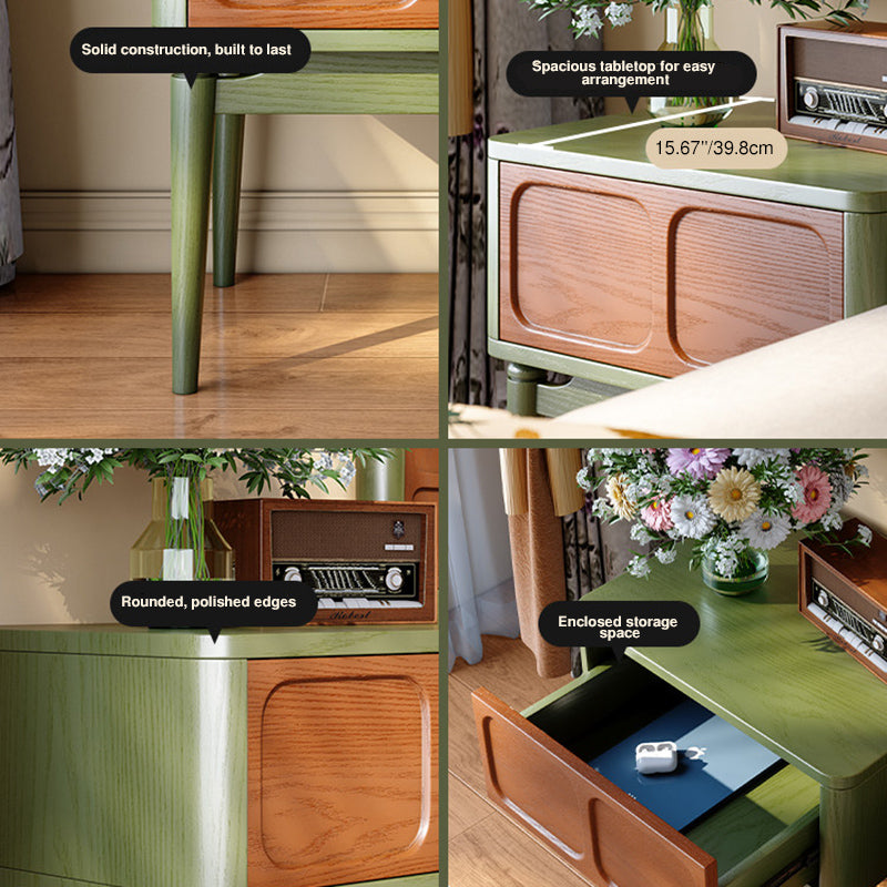 Mesita de noche retro de madera maciza de fresno - mesilla de 1 cajón para dormitorio con tirador oculto y panel empotrado 